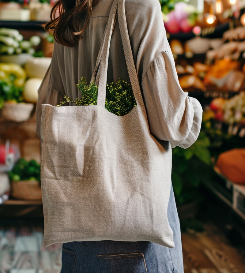 Eine Frau steht im Supermarkt vor der Gemüseabteilung und trägt auf der Schuler einen Stoffbeutel.