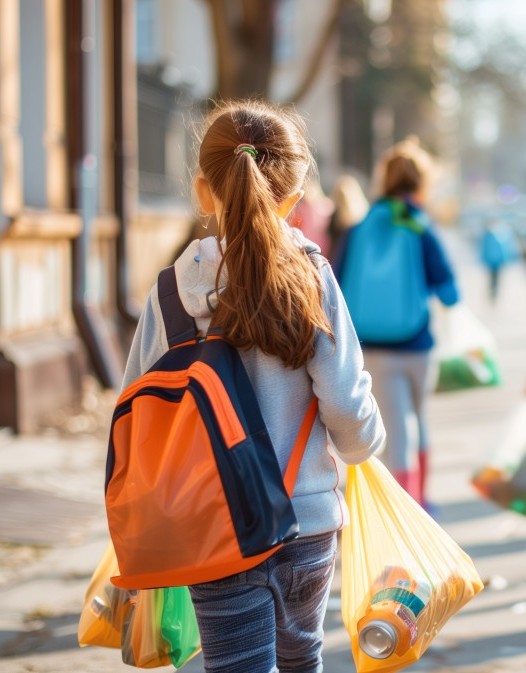 Ein kleines Mädchen von hinten, das einen Rucksack und zwei Mülltüten trägt.