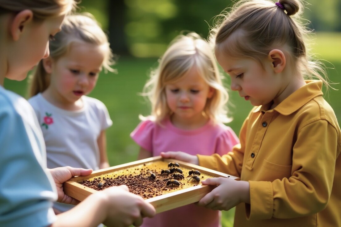 Ein kleines Mädchen hält eine Honigwabe mit Rahmen und Bienen, um sie herum stehen noch drei Kinder die neugierig auf die Honigwabe blicken.