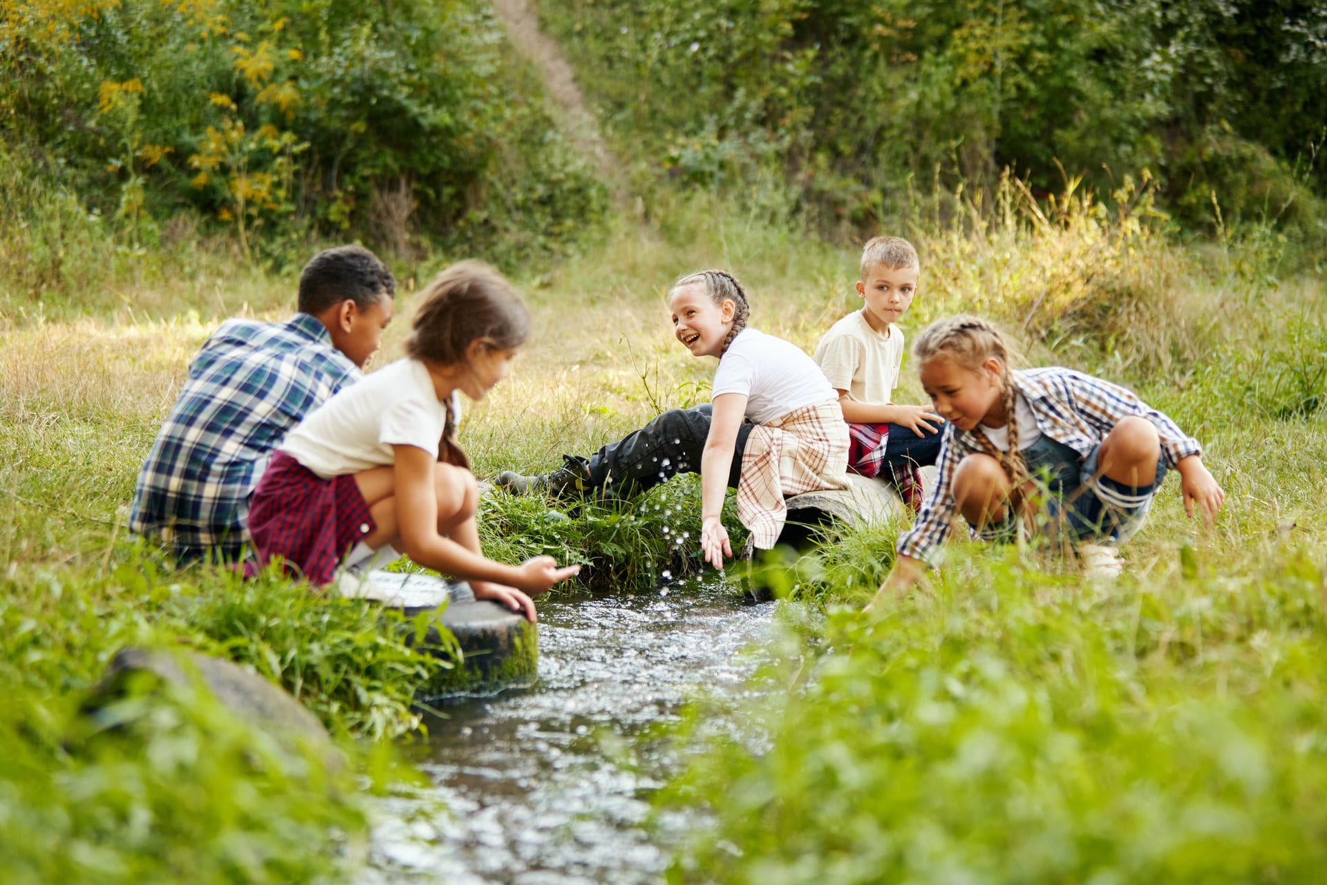 Eine Gruppe von Kindern spielt an einem kleinen Bach in der Nähe eines Waldes.