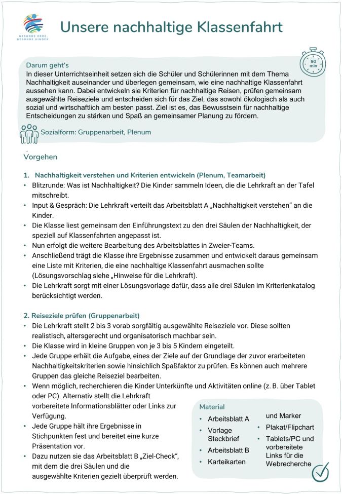 Infoblatt: Unsere nachhaltige Klassenfahrt
