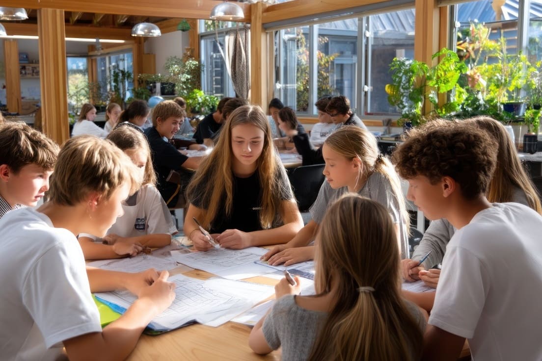 Jugendliche sitzen am Tisch und planen Projekt