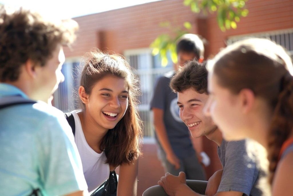 Jugendliche machen Projektarbeit auf dem Schulhof