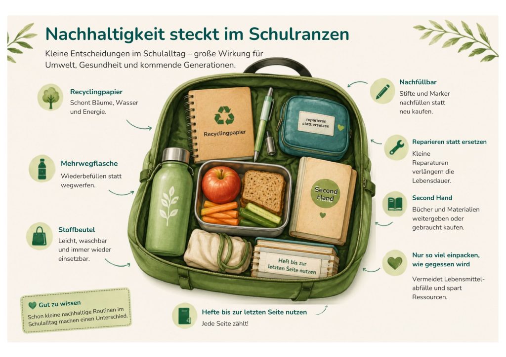 Übersichtsgrafik zu Nachhaltigkeit im Schulranzen.